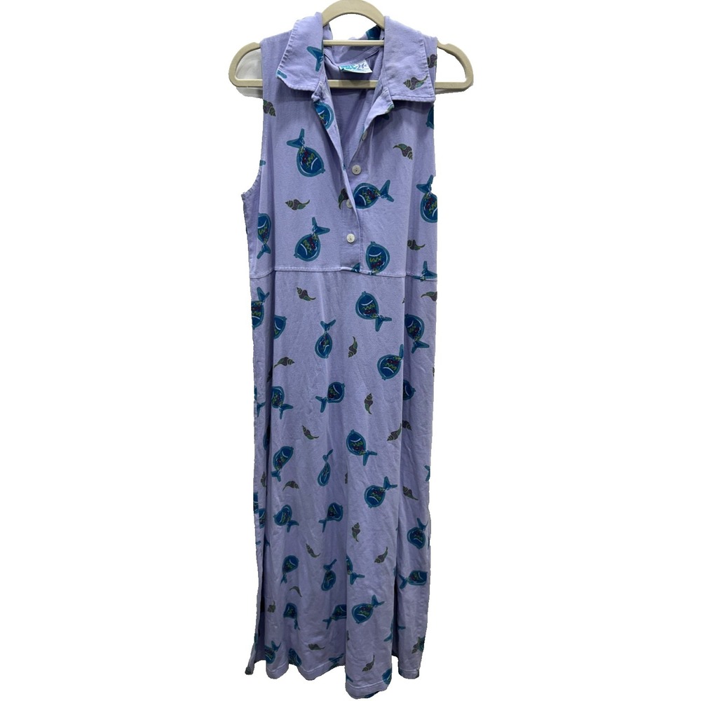 Zip Code Vintage Fish Print Maxi Dress Womens Large Purple Cotton Beach USA